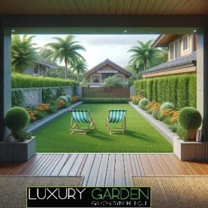 Logo Luxury Garden avec une installation de gazon synthétique dans un jardin, chez un particulier