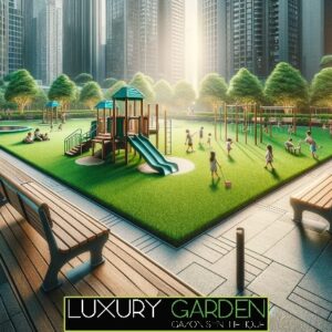 Logo Luxury Garden avec une installation de gazon synthétique dans un parc municipal qui fait aussi aire de jeux