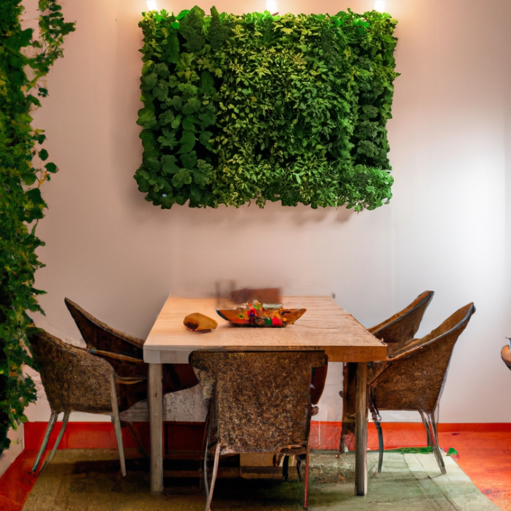 Integrar uma parede de plantas numa sala de estar para acrescentar vegetação e autenticidade.  