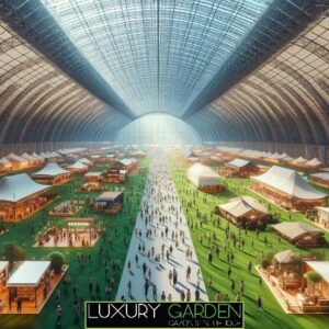 Logo Luxury Garden avec une installation de gazon synthétique lors d'une foire
