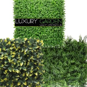 Logo Luxury Garden avec des feuillages artificiels.
