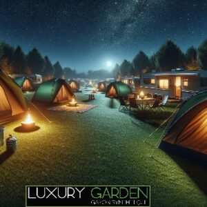 Logo Luxury Garden avec une installation de gazon synthétique dans un camping