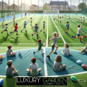 Miniature avec le Logo Luxury Garden avec une installation de gazon synthétique spécialement fait pour le multisport.