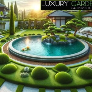 Logo Luxury Garden avec une installation de gazon synthétique autour d'une piscine se trouvant dans un jardin à l'esprit Feng Shui