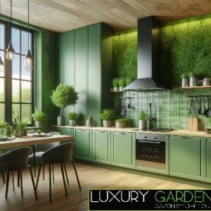 Logo Luxury Garden avec un mur végétal artificiel installé dans une cuisine.