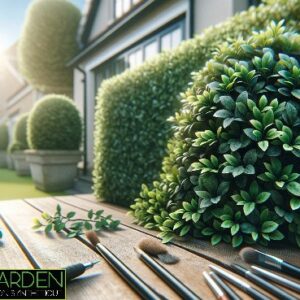 Logo Luxury Garden avec des haies artificielles.