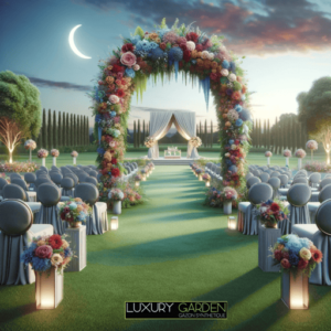 Logo Luxury Garden avec une arche de mariage installée sur du gazon synthétique