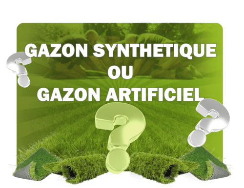 Image avec posant la question de la différence entre le gazon synthétique et le gazon artificiel, avec en fond une pelouse verte