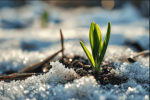 Photo illustrant un jardin sous la neige en hiver, avec un focus sur une pousse d'herbe